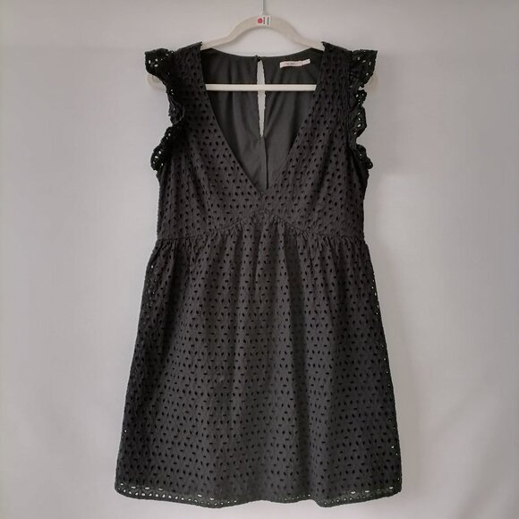 Mi Ami Women's Black V-Neck Flutter Sleeve Eyelet A Line Dress Size Large - Picture 1 of 7